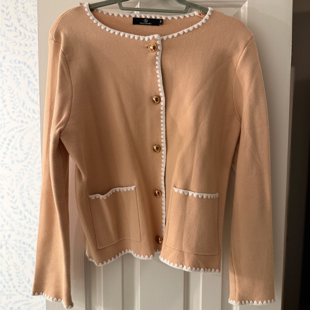 Women's Tan Cardigan Sweater with White Trim